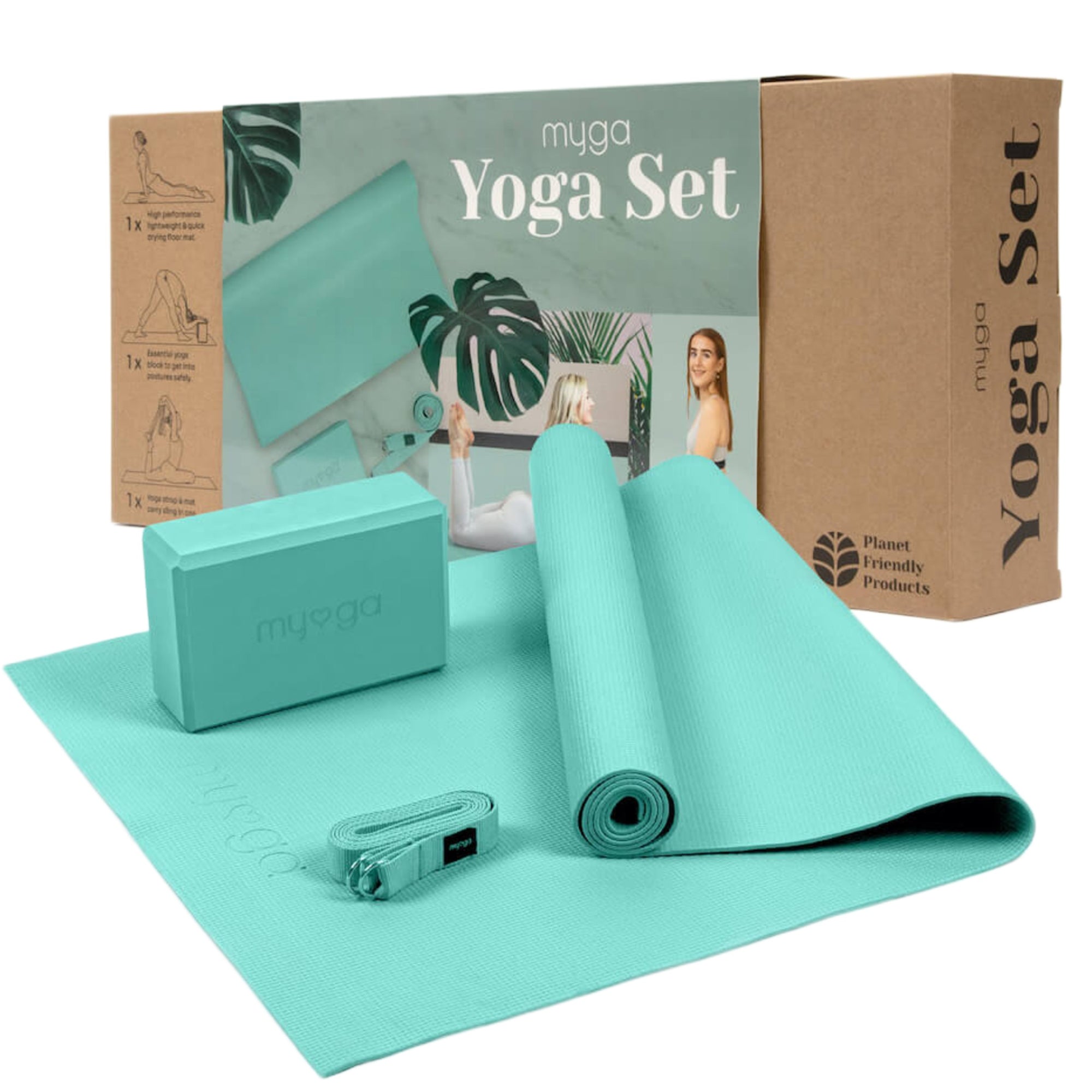 Sada na jógu myga Yoga Starter Kit: podložka, blok, popruh – tyrkysová