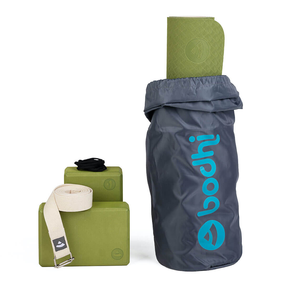 Jógová sada Bodhi Yoga Set Flow: podložka, bloky, popruh – olivová
