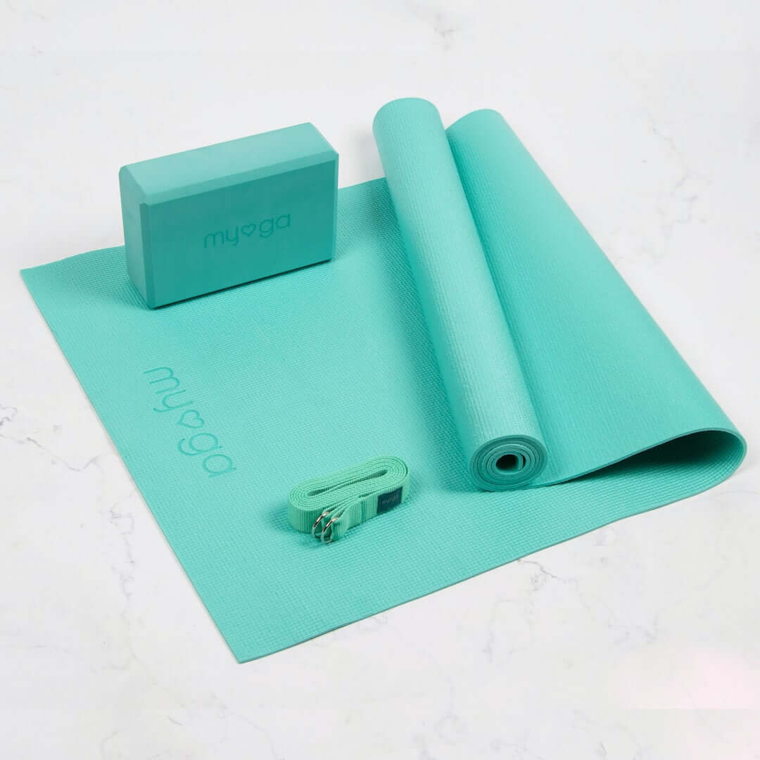 Sada na jógu myga Yoga Starter Kit: podložka, blok, popruh – tyrkysová