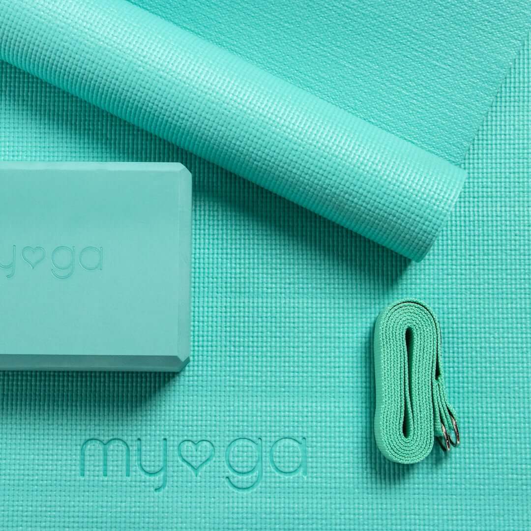 Sada na jógu myga Yoga Starter Kit: podložka, blok, popruh – tyrkysová