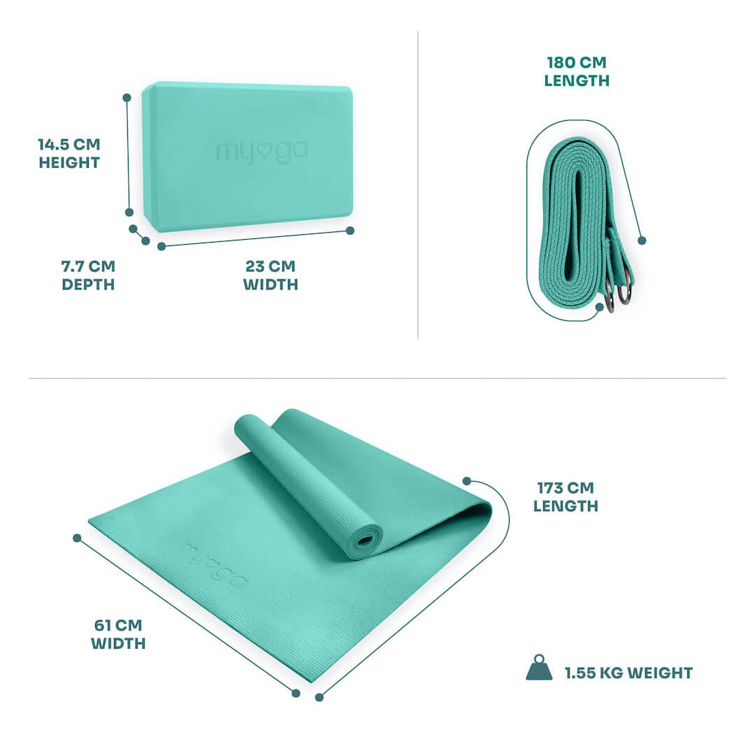 Sada na jógu myga Yoga Starter Kit: podložka, blok, popruh – tyrkysová