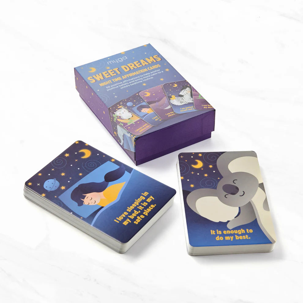 Afirmační kartičky na dobrou noc s blikajícím nápisem „Sweet Dreams“