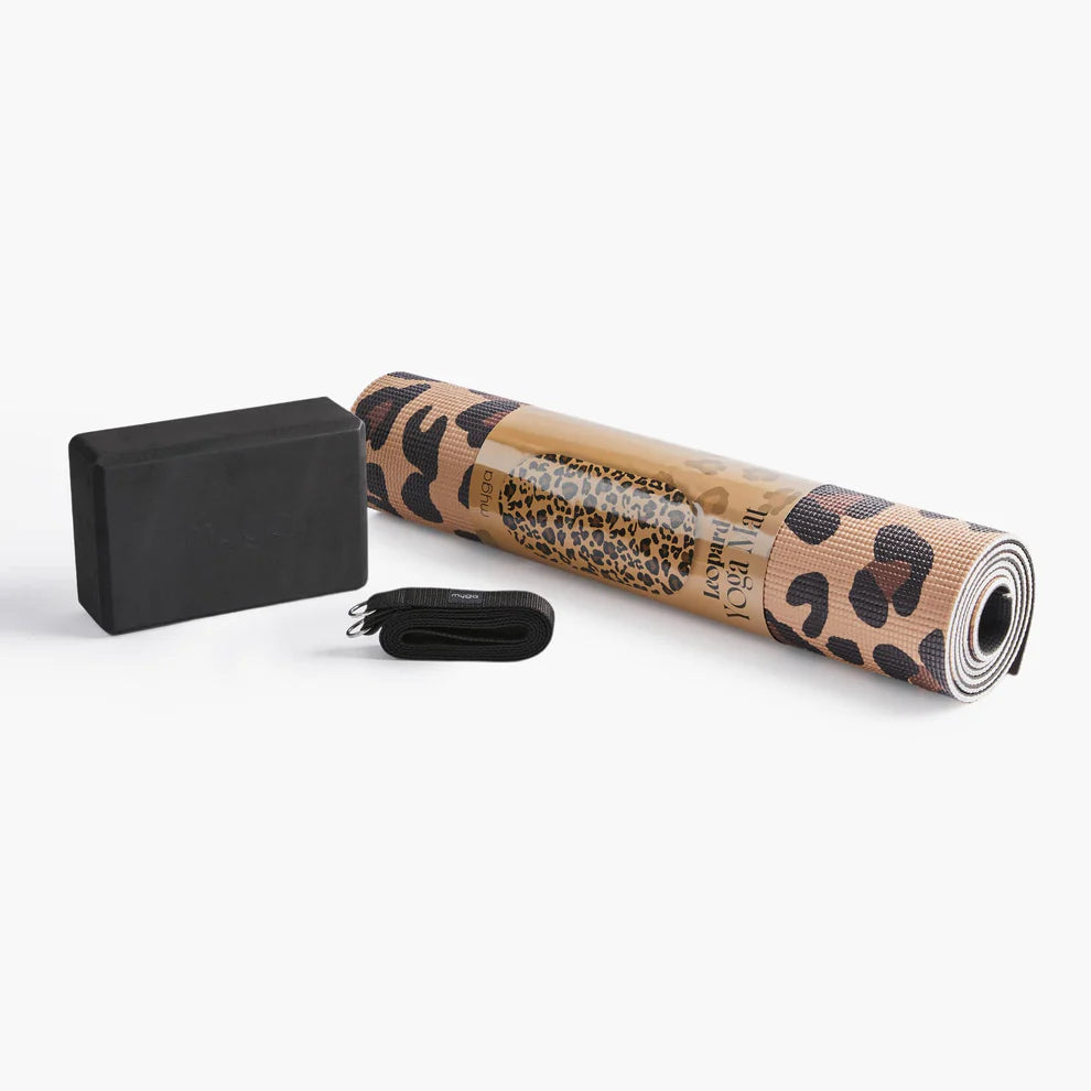 Sada na jógu Leopard Yoga Set: podložka, blok, popruh