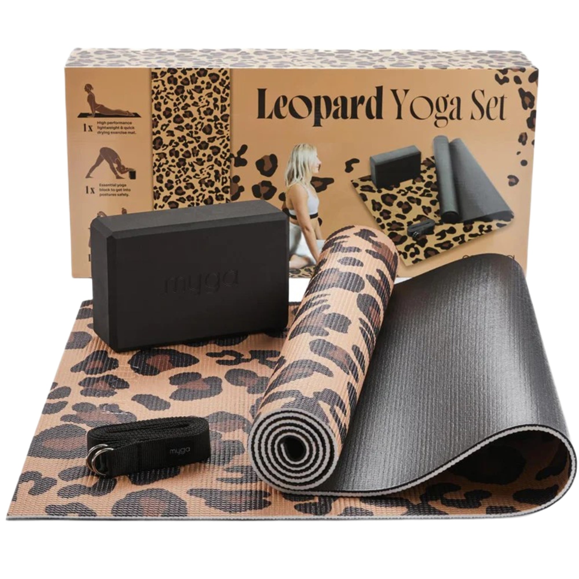 Sada na jógu Leopard Yoga Set: podložka, blok, popruh