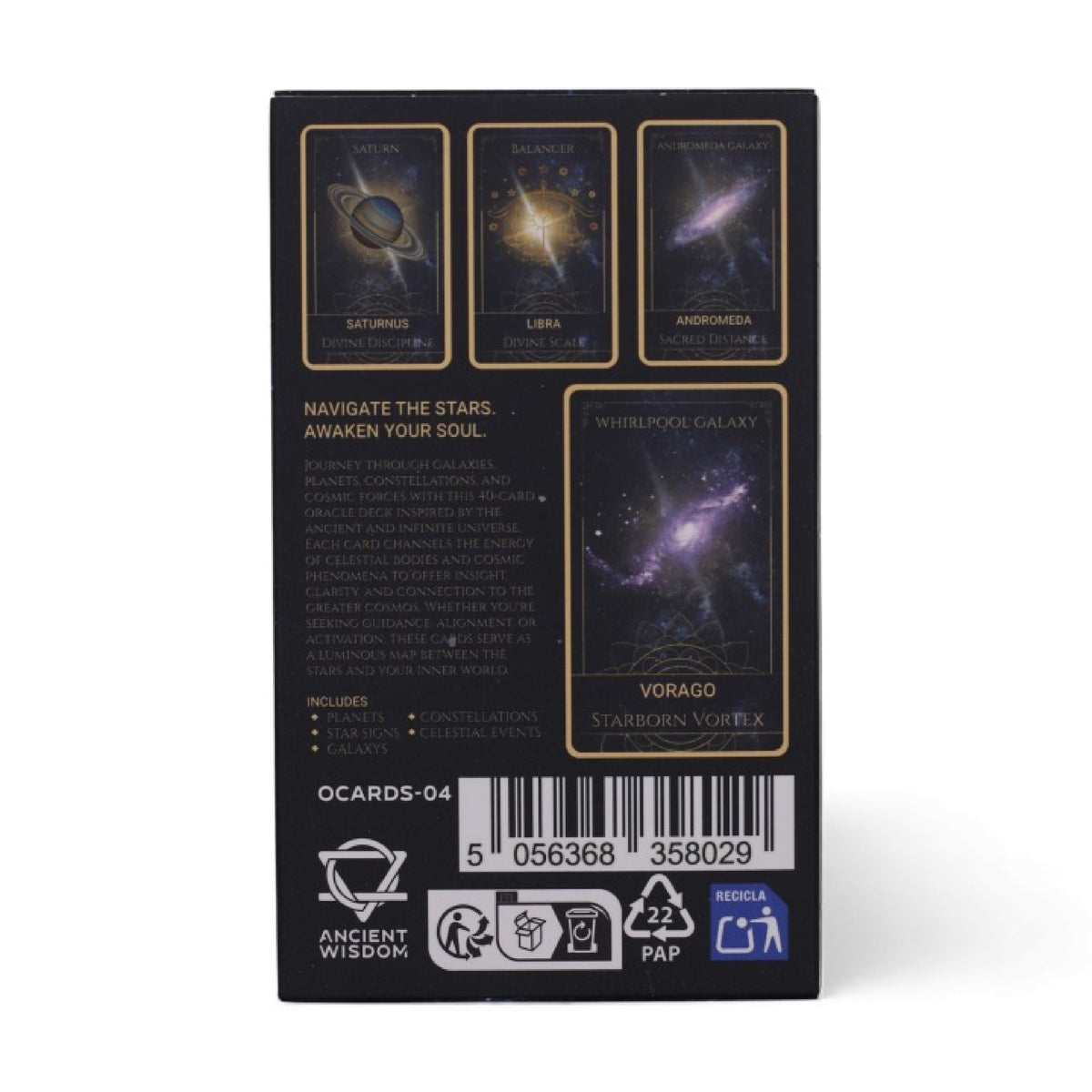 Zadní strana krabičky Celestial Oracle Cards s ukázkou karet Saturnus, Libra a Andromeda