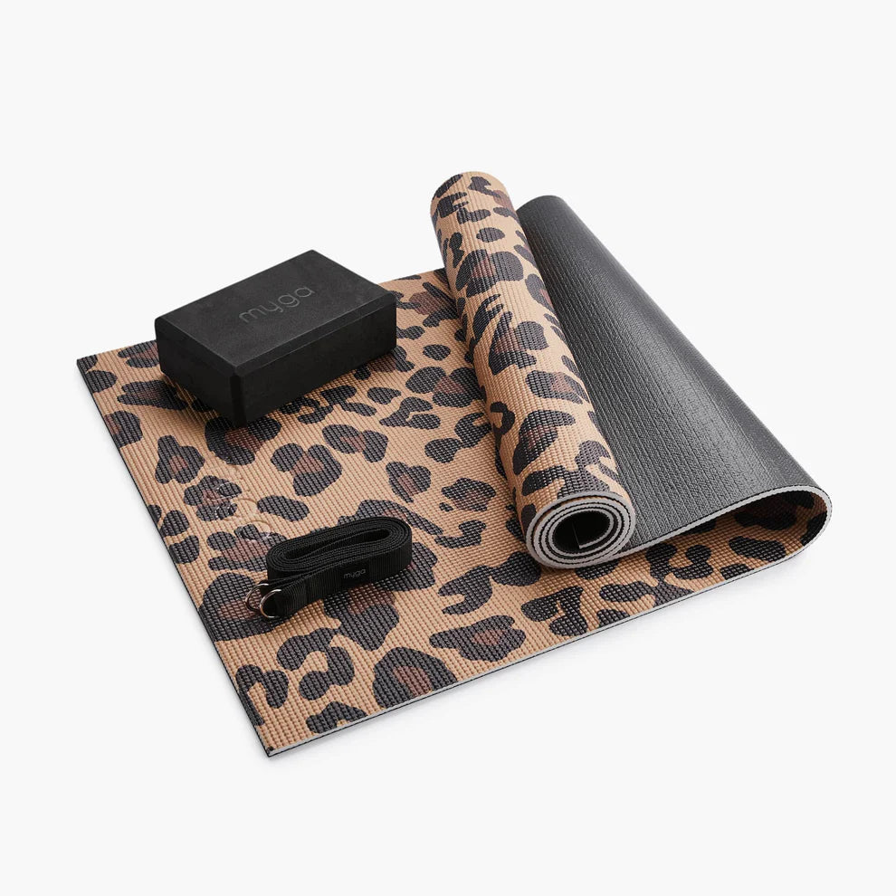 Sada na jógu Leopard Yoga Set: podložka, blok, popruh