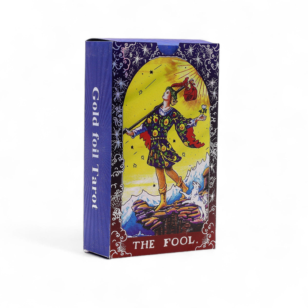 Tarotové karty Blue Foil Tarot Mandala – modrá krabička s kartou The Fool, pohled zboku