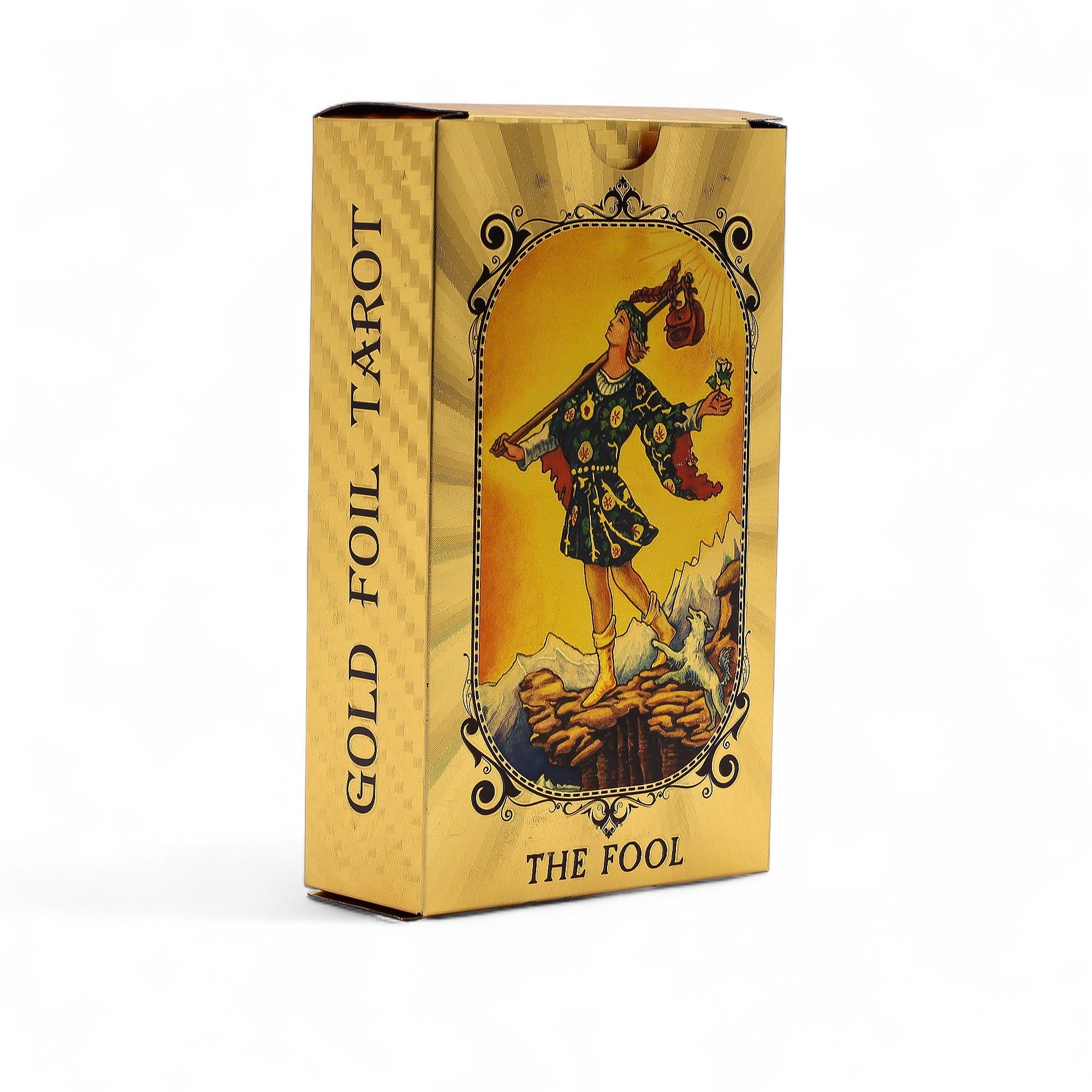 Tarotové karty Gold Foil Tarot – zlatá krabička s kartou The Fool, pohled zboku