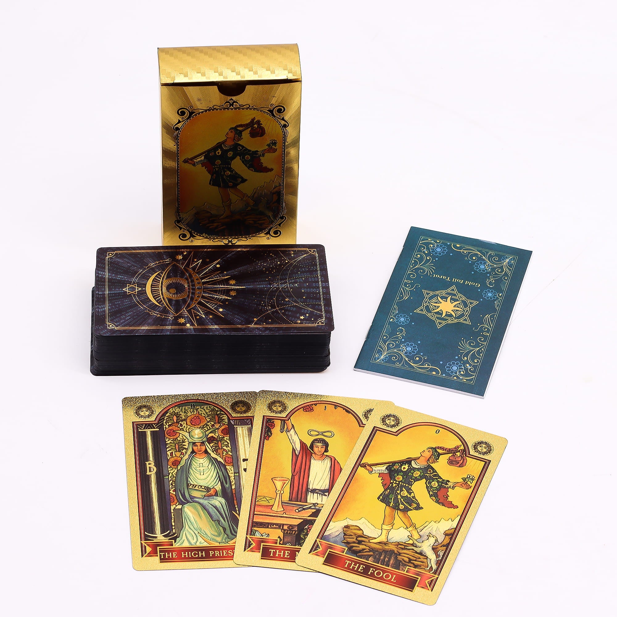 Obsah balíčku Gold Foil Tarot – zlatá krabička, talie karet, průvodce a ukázka karet The High Priestess, The Magician a The Fool